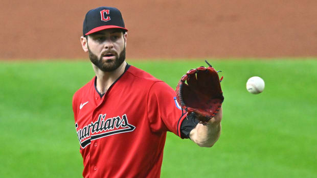 Sep 4, 2023; Cleveland, Ohio, USA; Cleveland Guardians starting pitcher Lucas Giolito (27) reacts after giving up a bases loaded walk in the second inning against the Minnesota Twins at Progressive Field.