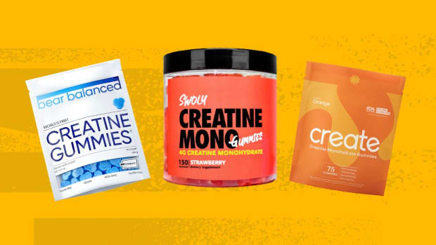 Three of the best creatine gummy supplements in front of a yellow background