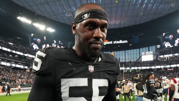 Raiders defensive end Chandler Jones leaves the field after a game.