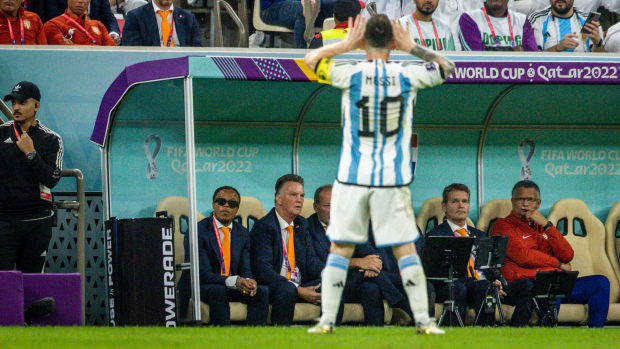 Lionel Messi celebrating against the Netherlands.
