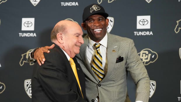 University of Colorado chancellor Phil DiStefano and Colorado Buffaloes and head coach Deion Sanders during a press conference at the Arrow Touchdown Club