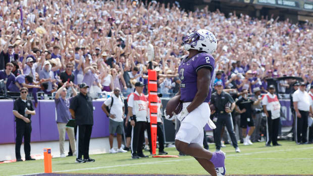 Sep 2, 2023; Fort Worth, Texas, USA; TCU Horned Frogs running back Trey Sanders (2) scores a touchdown in the second quarter against the Colorado Buffaloes at Amon G. Carter Stadium.