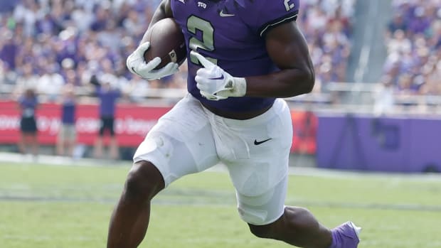 TCU Horned Frogs running back Trey Sanders (2) scores a touchdown in the game against the Colorado Buffaloes at Amon G. Carter Stadium.