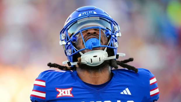 Sep 1, 2023; Lawrence, Kansas, USA; Kansas Jayhawks safety Marvin Grant (4) reacts after making a play during the first half against the Missouri State Bears at David Booth Kansas Memorial Stadium. Mandatory Credit: Jay Biggerstaff-USA TODAY Sports  