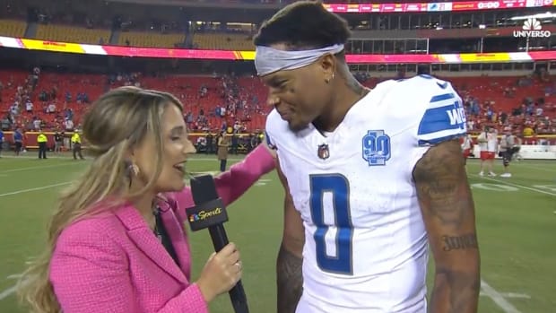 Marvin Jones conducts a postgame interview with a reporter