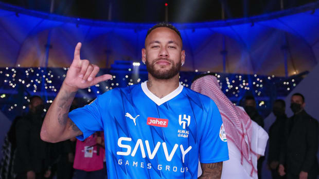 Neymar pictured in August 2023 when he was presented in front of Al-Hilal fans after signing from Paris Saint-Germain