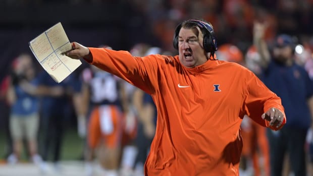 Sep 2, 2023; Champaign, Illinois, USA; Illinois Fighting Illini head coach Bret Bielema reacts after a play against the Toledo Rockets during the second half at Memorial Stadium. Mandatory Credit: Ron Johnson-USA TODAY Sports  