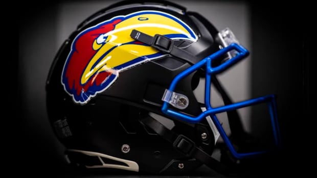 The helmet for the Kansas Jayhawk "Blackhawk" Football uniforms.