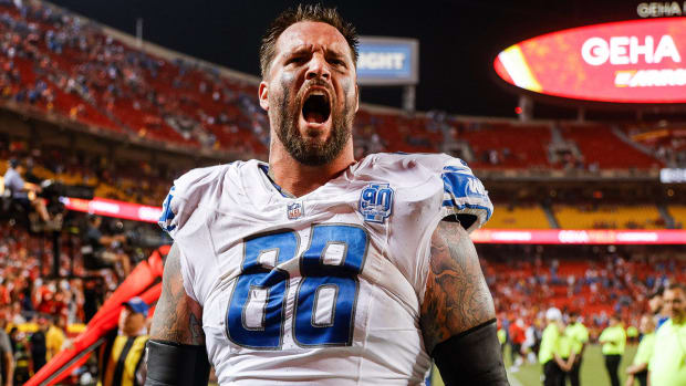 Detroit Lions tackle Taylor Decker exults after his team’s win over the Kansas City Chiefs on Sept. 7, 2023.