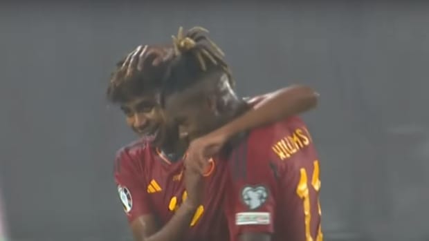 Lamine Yamal pictured (left) after scoring his first international goal for Spain during a 7-1 win over Georgia in September 2023