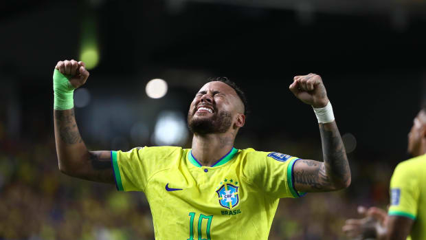 Neymar pictured looking emotional after breaking Pele's record as the leading scorer for the Brazil men's national team in September 2023