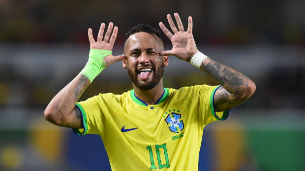 Neymar pictured celebrating after scoring his second goal in Brazil's 5-1 win over Bolivia in September 2023