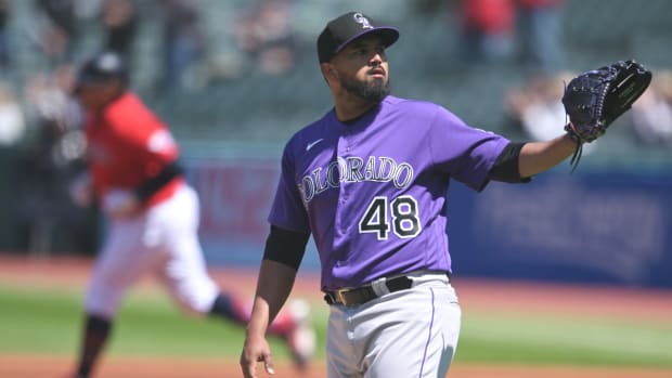 Apr 26, 2023; Cleveland, Ohio, USA; Colorado Rockies starting pitcher German Marquez (48) waits for a new ball as Cleveland Guardians designated hitter Josh Naylor (22) rounds the bases after hitting a home run during the first inning at Progressive Field.