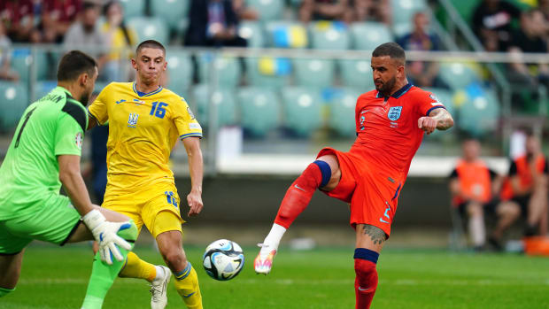 Kyle Walker pictured (right) scoring the first goal of his senior England career in a Euro 2024 qualifier against Ukraine in September 2023