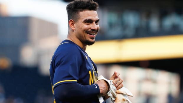 Sep 4, 2023; Pittsburgh, Pennsylvania, USA; Milwaukee Brewers shortstop Willy Adames (27) reacts after the third out of the third inning against the Pittsburgh Pirates at PNC Park. Mandatory Credit: Charles LeClaire-USA TODAY Sports  