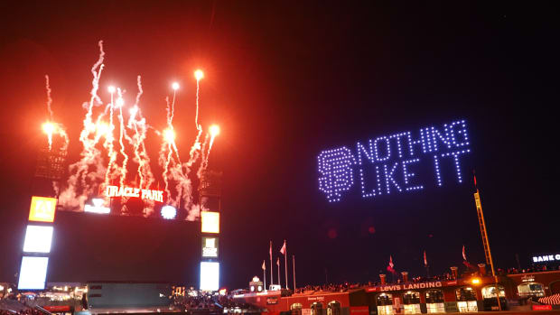 A postgame drone show after the game between the SF Giants and Colorado Rockies at Oracle Park on September 8, 2023.