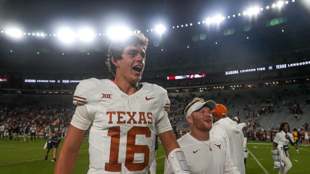 Texas Longhorns quarterback Arch Manning (16) leaves the field after the 34-24 win over Alabama at Bryant-Denny Stadium on Saturday, Sep. 9, 2023 in Tuscaloosa, Alabama 
