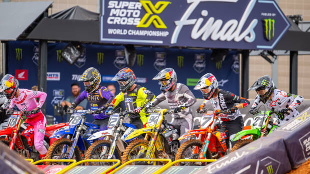 Riders, start your engines! Entrants in the 450 segment of Saturday's Round 1 of the SMX playoffs prepare for the starting gate to fall and get rolling. Photo provided by Dan Beaver.
