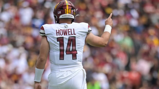 Sep 10, 2023; Landover, Maryland, USA; Washington Commanders quarterback Sam Howell (14) signals first down during the first quarter against the Arizona Cardinals at FedExField. Mandatory Credit: Tommy Gilligan-USA TODAY Sports