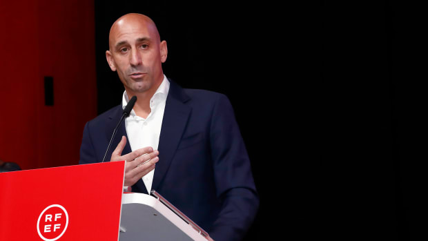 RFEF president Luis Rubiales pictured speaking at an extraordinary general assembly in Spain in August 2023