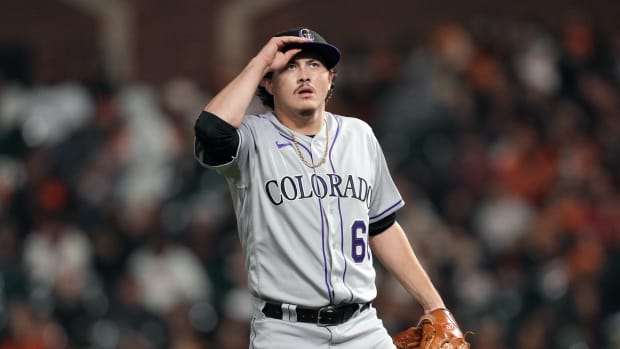 Sep 9, 2023; San Francisco, California, USA; Colorado Rockies relief pitcher Victor Vodnik (60) adjust his cap during the sixth inning against the San Francisco Giants at Oracle Park.