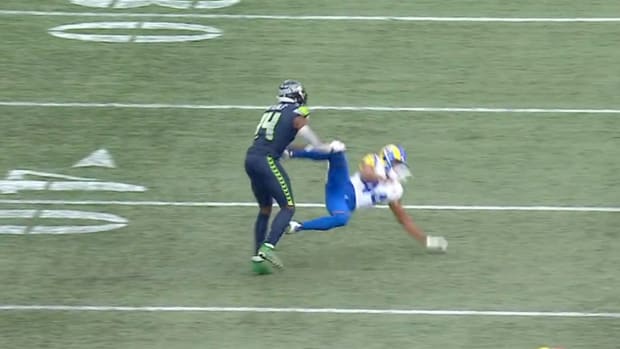 Seahawks WR DK Metcalf was flagged for a hit on Rams DB Ahkello Witherspoon