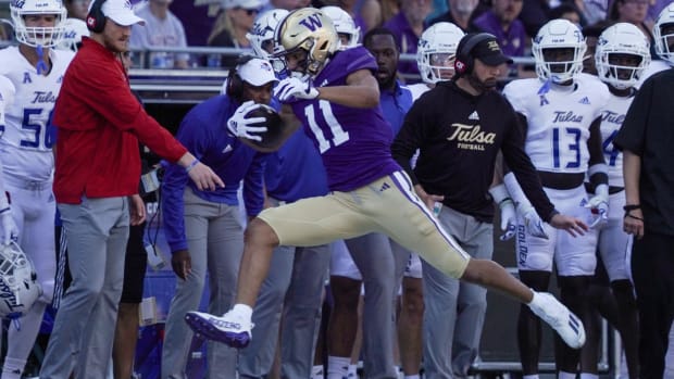 Jalen McMillan almost appears as if he's flying against Tulsa.