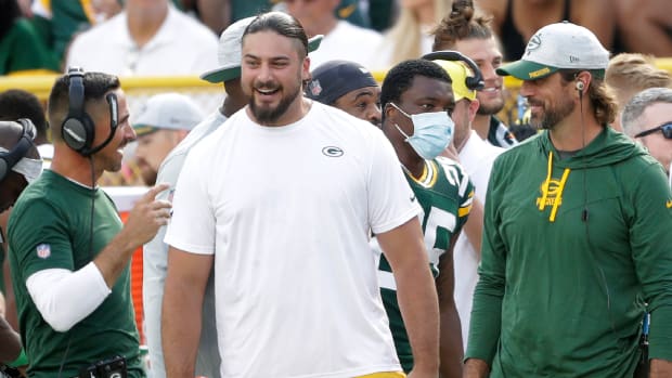 Green Bay Packers quarterback Aaron Rodgers (12), offensive tackle David Bakhtiari (69) and head coach Matt LeFleur against the New York Jets during their preseason football game on Saturday, August 21, 2021, at Lambeau Field in Green Bay, Wis.