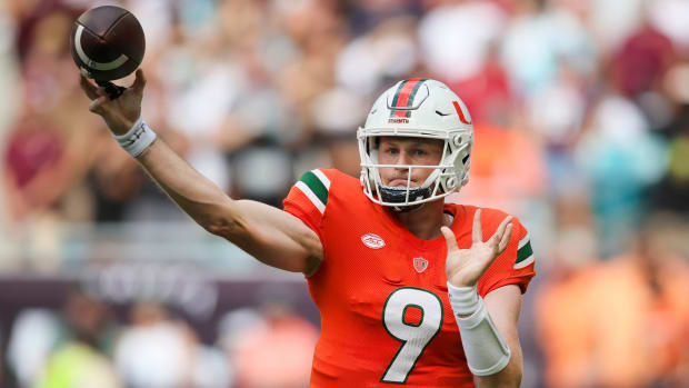 Miami quarterback Tyler Van Dyke throws a pass against Texas A&M.