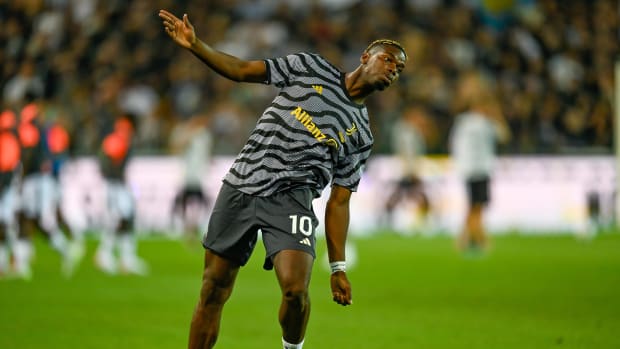 Juventus midfielder Paul Pogba pictured warming up before his team's 3-0 win over Udinese in August 2023