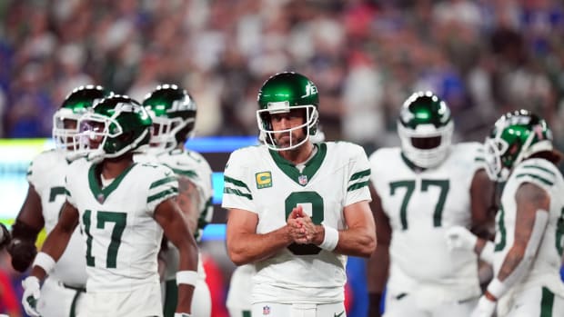 Jets quarterback Aaron Rodgers during New York's 22-16 win over the Bills in overtime on Sept. 11, 2023.