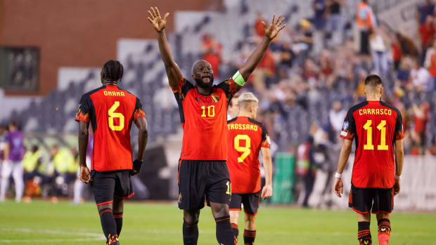 Romelu Lukaku pictured (center) celebrating after scoring two goals for Belgium in a 5-0 win over Estonia in September 2023