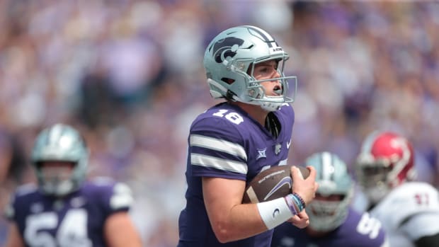 Kansas State senior quarterback Will Howard (18) runs in for a touchdown in the third quarter of Saturday's game against Troy inside Bill Snyder Family Stadium.
