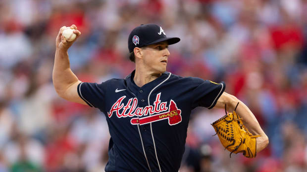 Sep 11, 2023; Philadelphia, Pennsylvania, USA; Atlanta Braves starting pitcher Kyle Wright (30) throws a pitch during the first inning against the Philadelphia Phillies at Citizens Bank Park.