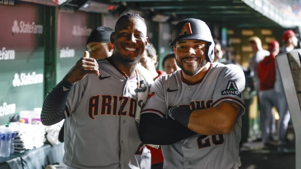 Tommy Pham and Geraldo Perdomo smile during game on Sept 7th, 2023