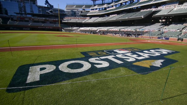 Oct 10, 2022; Atlanta, Georgia, USA; A MLB postseason logo is painted on the grass at Truist Park before the NLDS workouts for the Atlanta Braves and Philadelphia Phillies.