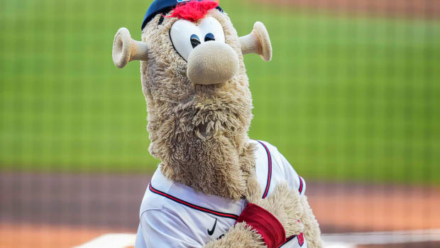 Apr 9, 2023; Cumberland, Georgia, USA; Atlanta Braves mascot Blooper on the field before the game against the San Diego Padres at Truist Park.
