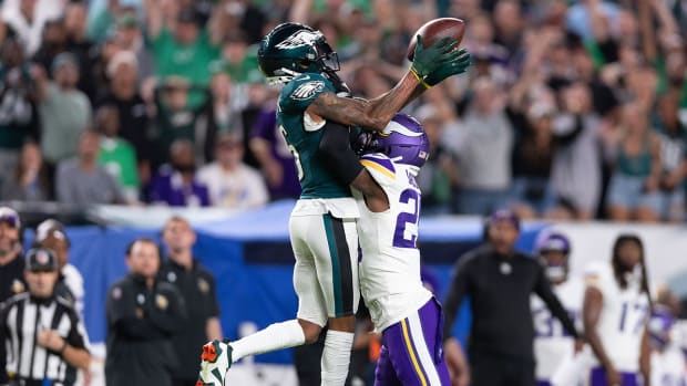 Eagles receiver DeVonta Smith had four catches for 131 yards and a score against the Vikings in Week 2 on Thursday night.