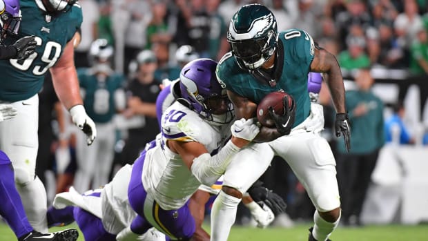 Sep 14, 2023; Philadelphia, Pennsylvania, USA; Philadelphia Eagles running back D'Andre Swift (0) is tackled by Minnesota Vikings linebacker Ivan Pace Jr. (40) during the second quarter at Lincoln Financial Field. Mandatory Credit: Eric Hartline-USA TODAY Sports
