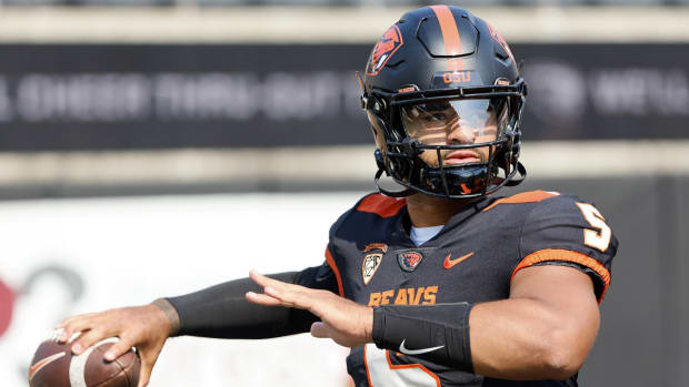 Sep 16, 2023; Corvallis, Oregon; Oregon State Beavers quarterback DJ Uiagalelei (5) warms up before the game against the San Diego State Aztecs at Reser Stadium.