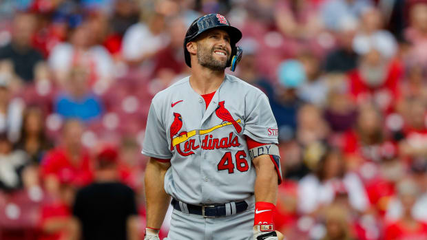 Sep 8, 2023; Cincinnati, Ohio, USA; St. Louis Cardinals first baseman Paul Goldschmidt (46) reacts after a pitch in the first inning against the Cincinnati Reds at Great American Ball Park.