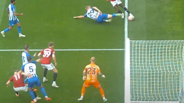 A still image shows that the ball had gone out of play shortly before Rasmus Hojlund (no.11) thought he had scored his first Premier League goal during Manchester United's 3-1 loss to Brighton in September 2023
