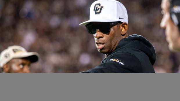 CU football head coach Deion Sanders comes out of the locker room for the Rocky Mountain Showdown.