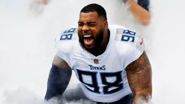 Tennessee Titans defensive tackle Jeffery Simmons (98) during player introductions before the game against the Los Angeles Chargers at Nissan Stadium.