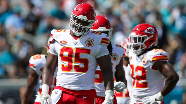Sep 17, 2023; Jacksonville, Florida, USA; Kansas City Chiefs defensive tackle Chris Jones (95) looks on during a time out against the Jacksonville Jaguars in the third quarter at EverBank Stadium. Mandatory Credit: Nathan Ray Seebeck-USA TODAY Sports  