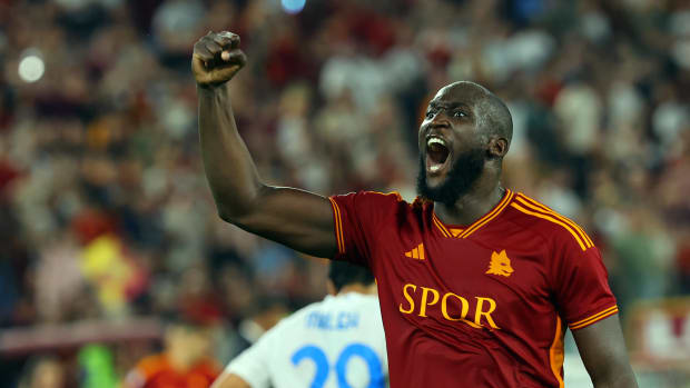 Romelu Lukaku pictured celebrating after scoring his first goal for Roma in a 7-0 win over Empoli