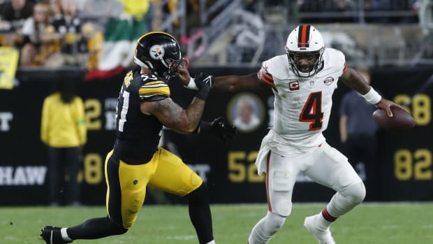 Browns quarterback Deshaun Watson was penalized twice grabbing the facemask in a Week 2 loss to the Steelers.