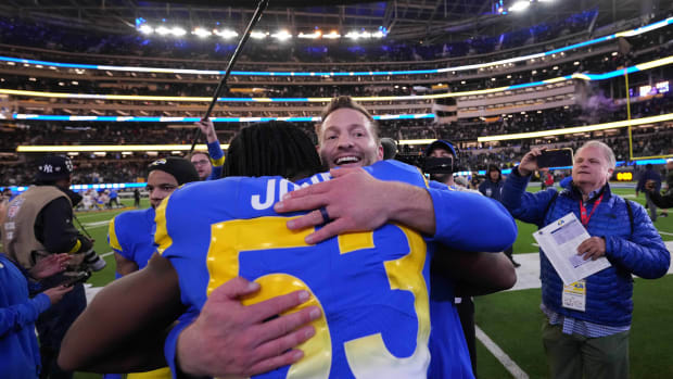 Dec 8, 2022; Inglewood, California, USA; Los Angeles Rams coach Sean McVay celebrates with linebacker Ernest Jones (53) after the game against the Las Vegas Raiders at SoFi Stadium. The Rams defeated the Raiders 17-16. Mandatory Credit: Kirby Lee-USA TODAY Sports