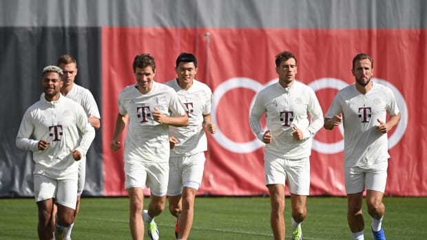 Harry Kane pictured (right) training with his Bayern Munich teammates on the eve of their first Champions League game of the 2023/24 season