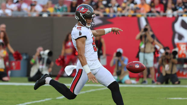 Aug 11, 2023; Tampa, Florida, USA; Tampa Bay Buccaneers punter Jake Camarda (5) punts against the Pittsburgh Steelers during the first quarter at Raymond James Stadium. Mandatory Credit: Kim Klement Neitzel-USA TODAY Sports